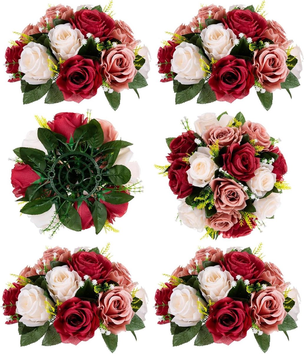 Bloemen decoratie ballen - Kunstbloemen ballen - Bruiloft decoratie - Zijden bloemen en groen - 6 stuks - Bordeaux roze wit