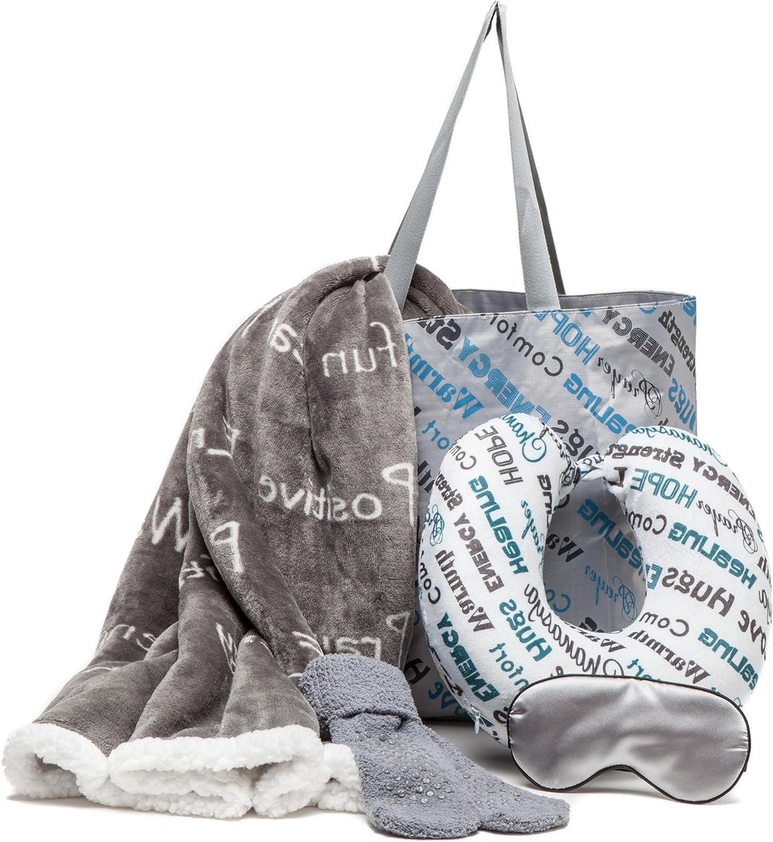 Cadeaupakket - Geschenkset Beterschap - Comfort en Ontspanning - 5-Delig Inclusief Nekkussen - 50x65 inch - Grijs