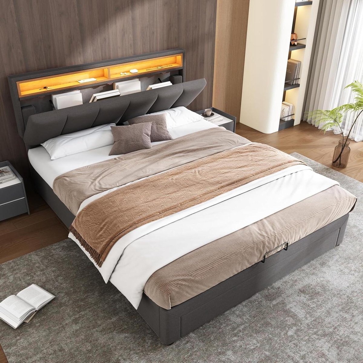 Gecapitonneerd Bed - Gestoffeerd Bed - Slaapkamer Opbergen - Met Ledverlichting - 140 x 190 cm - Grijs