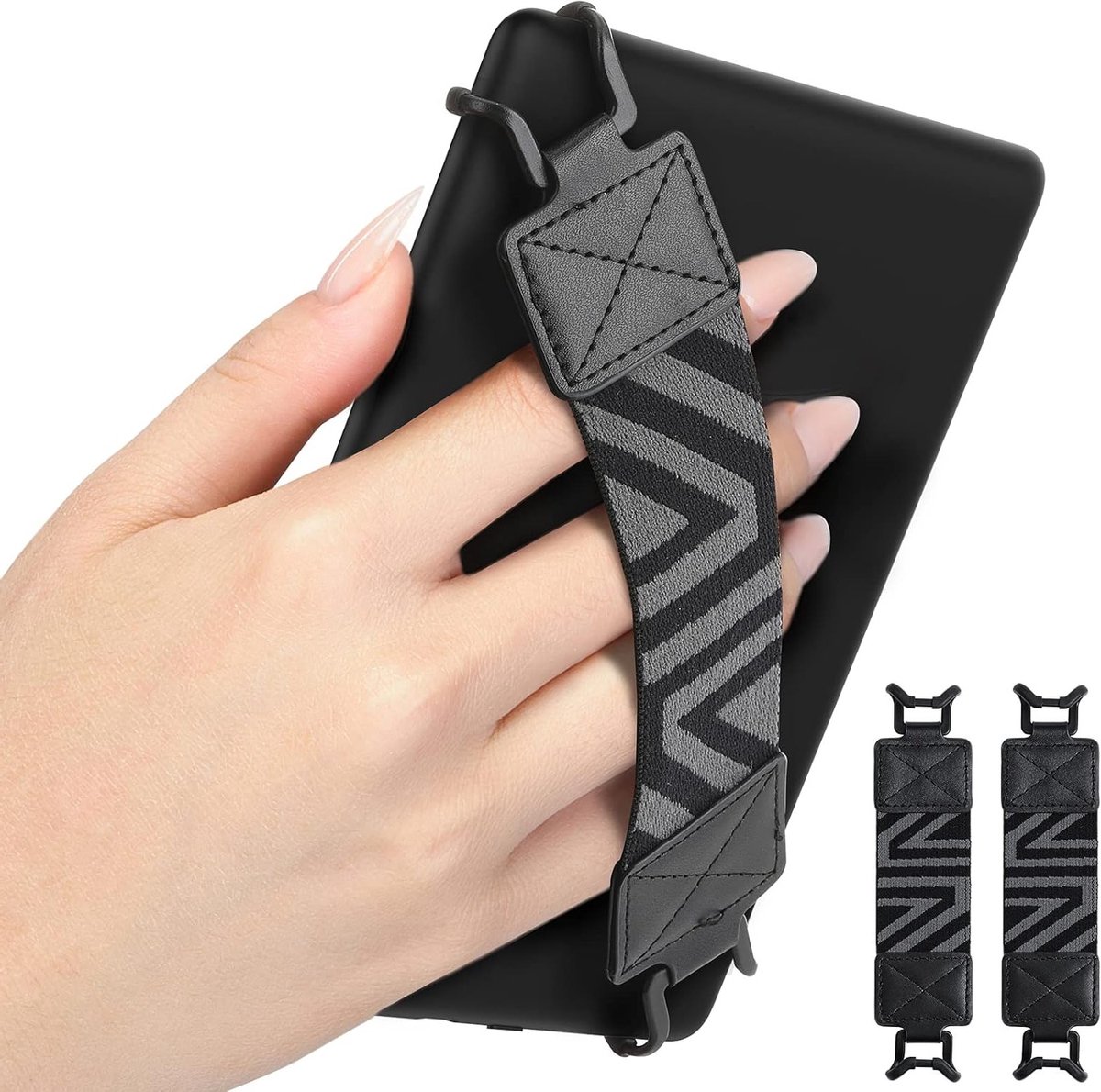 Veilige Handriem voor 6-8 inch E-Readers en Tablets - Lichtgewicht en Veelzijdig, Ideaal voor Kindle, Kobo en Lenovo, Verpakt per 2 Stuks, Hoog Elastisch Ontwerp, Zwart