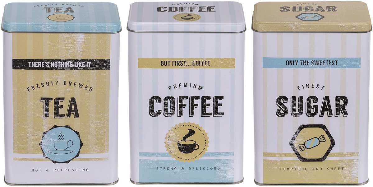 Store_8 - Set Retro Metalen Doos Blik Coffee Tea Sugar - Vintage Design - 3-delig - Nostalgische Opbergtassen - Ideaal voor Koffieliefhebbers - Wit...