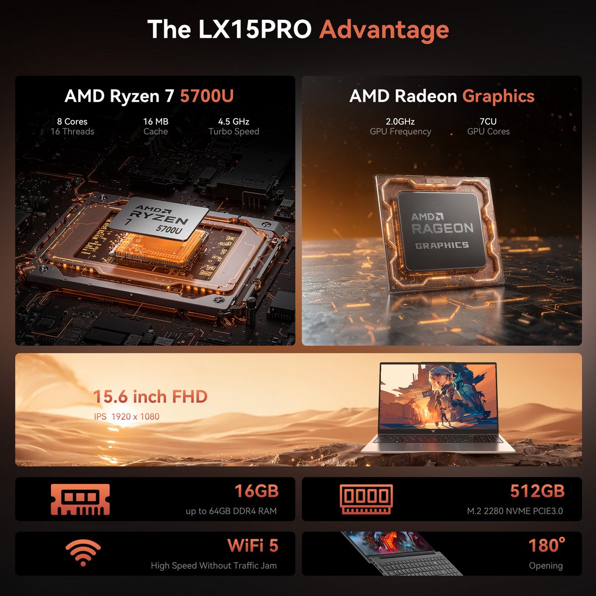 2025 AMD laptop - 15.6 inch Laptop met AMD Ryzen 7 5000 Serie (8C/16T, tot 4.3GHz) - 16GB RAM 512GB NVMe SSD Windows 11 Pro Laptop - Radeon RX Vega 8 graphics - WiFi 6 — afbeelding 2