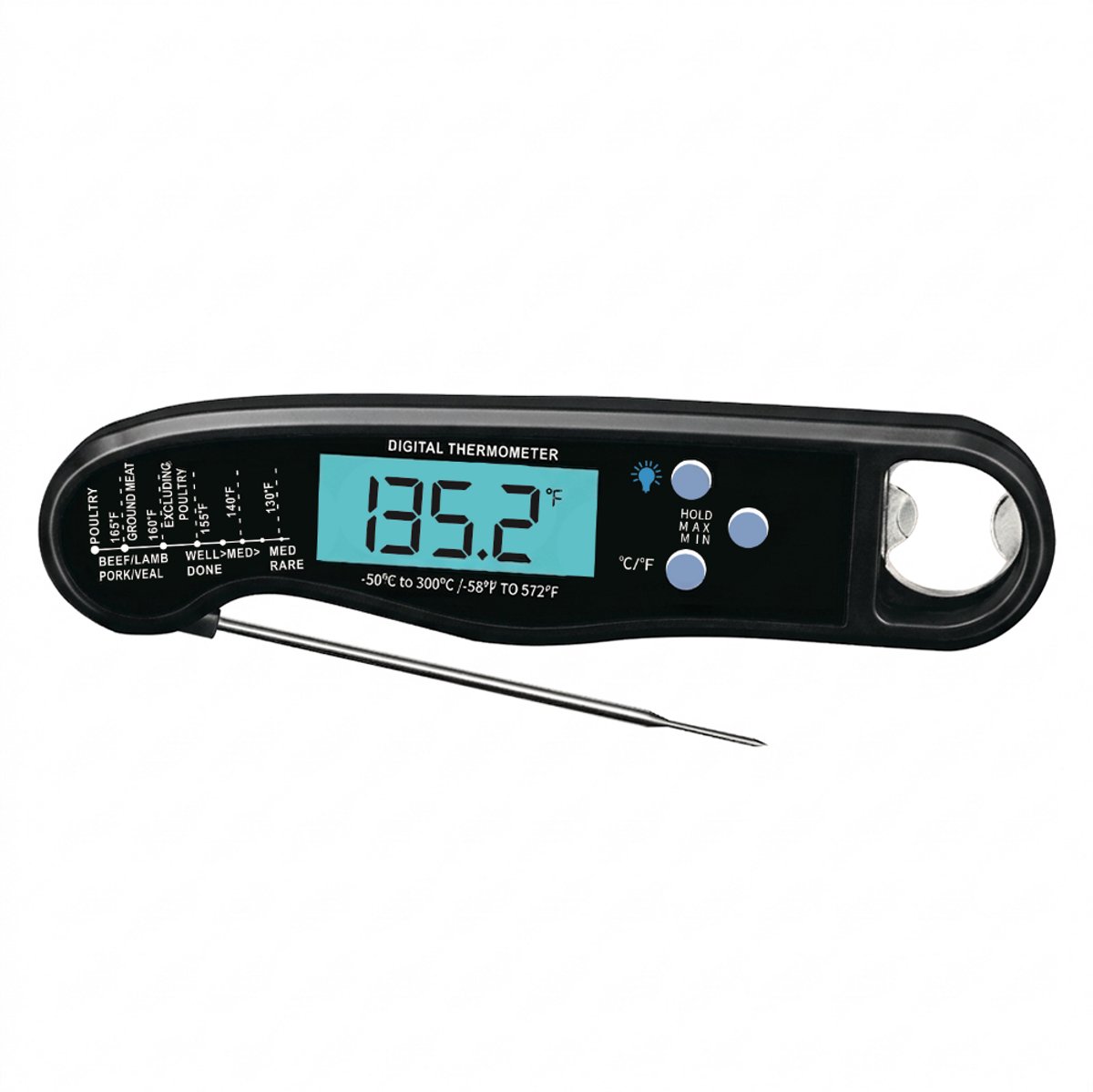 Bol.com BBQBuddies BBQ Thermometer - Vlees Thermometer - Keuken Thermometer - Inclusief Ophangmagneet & Bieropener - Zwart aanbieding
