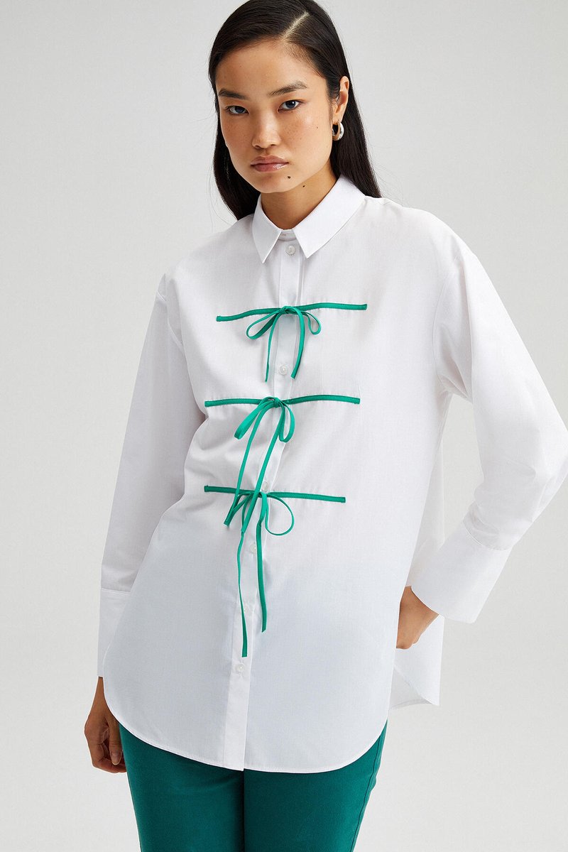 Touché Privé - Poplin blouse met contrasterende bies - Wit - Dames