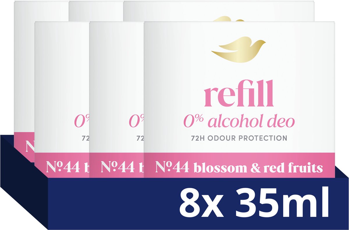 DOVE 0% Alcohol Refillable Deodorant - No. 44 Blossom & Red Fruits - beschermt tot 72 uur tegen zweet en lichaamsgeur - 8 x 35 ml