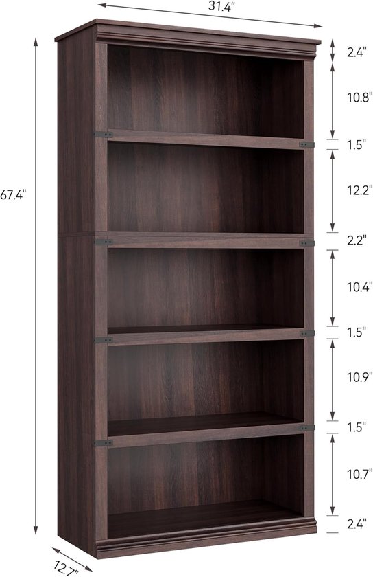 Afmetingen van de donkerbruine boekenkast met vijf planken, met hoogte 171 cm, breedte 79.7 cm en diepte 32 cm.