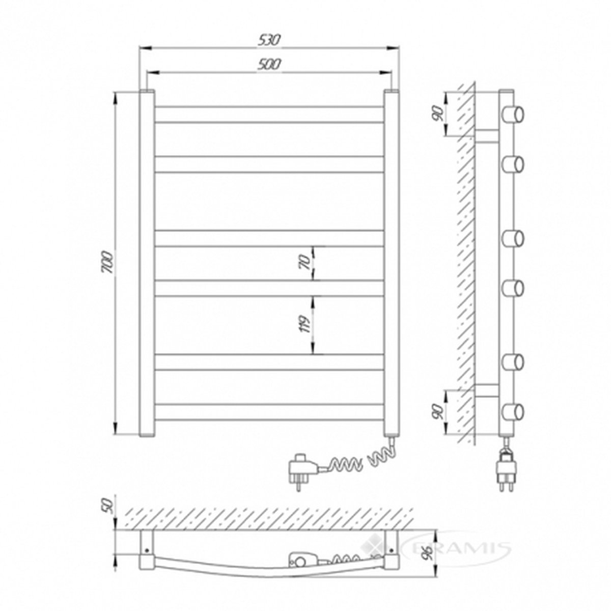 Elektrische handdoekradiator ATLANT 500x700 met ECO-timer, 160W, Zwart