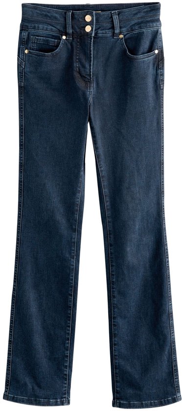 Donkerblauwe spijkerbroek met bootcut pasvorm en een slim-fit model. De broek heeft een hoge taille met dubbele knoopsluiting en gouden knopen.