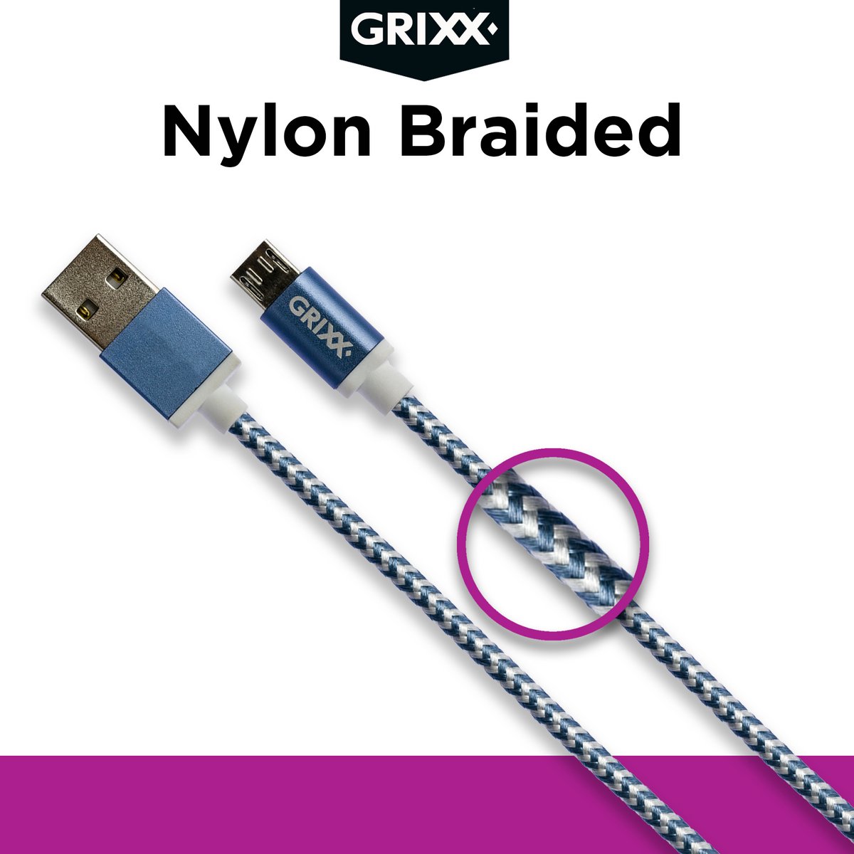 Grixx Micro USB Kabel 3 meter – USB-A naar Micro USB – Nylon Gevlochten - Blauw/Wit