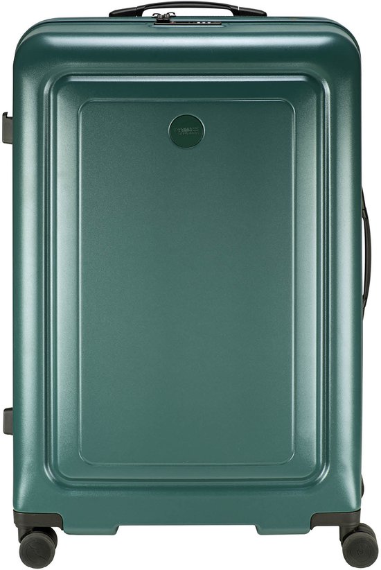 Donkergroene koffer met een strak design, wielen aan de onderkant en een handvat aan de bovenkant.