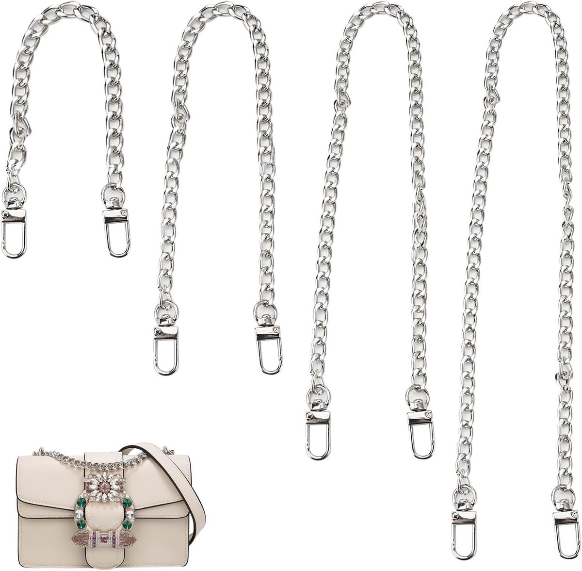 4 Stuks Zilveren Tas Kettingen, Verstelbare Schouderriem, Handvat Ketting, Telefoon Ketting, Draagriem voor Handtassen en Portemonnees van 30/60/100/120 cm