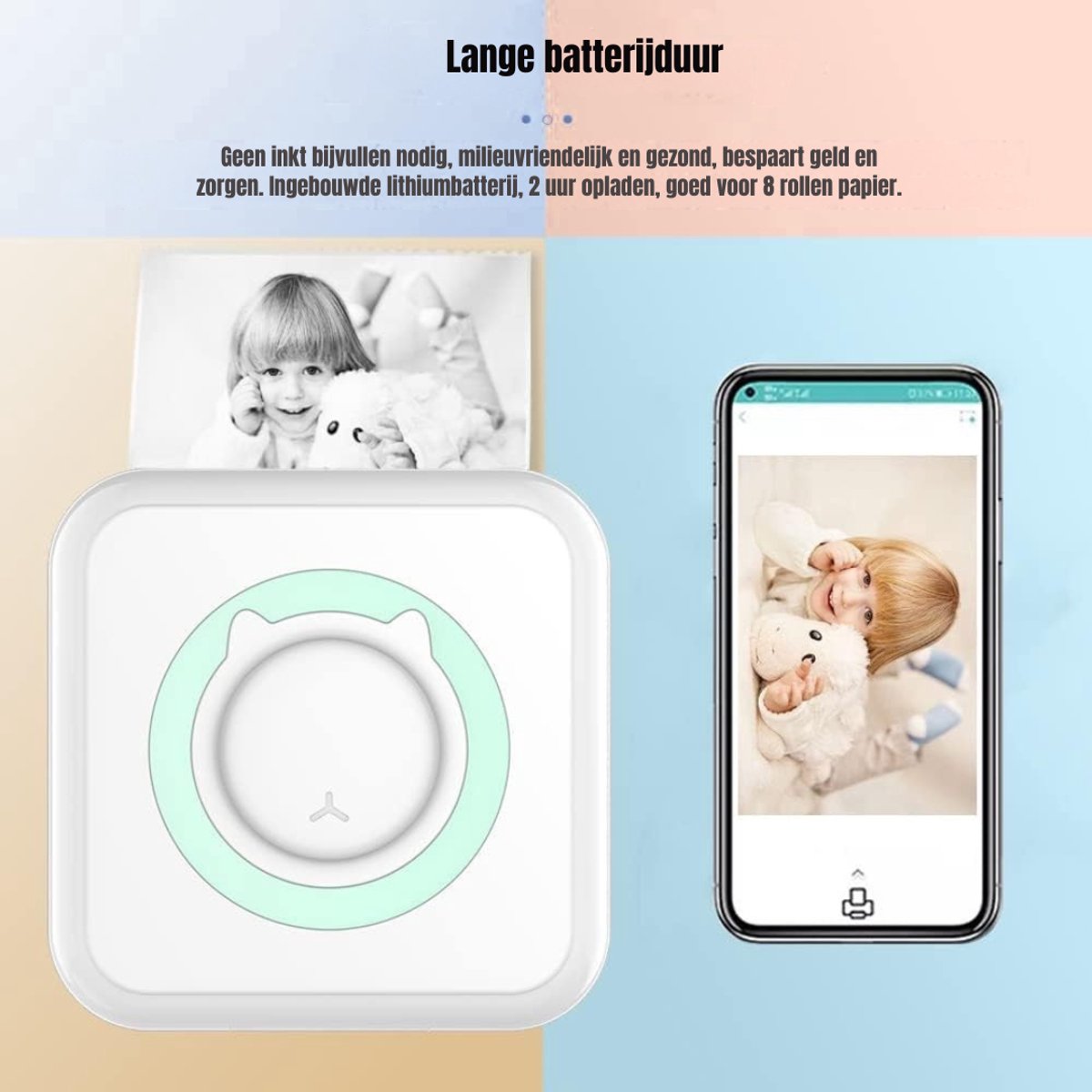 Aura® Mini Printer – Inclusief Thermisch/Zelfklevend/Etiket-Papier, USB-kabel, Aquarelpen, Transparant Sticke – Foto Printer Draadloos – Mobiele Fotoprinter - Wit/Mintgroen - 10cm x 10cm x 4cm thumbnail 5