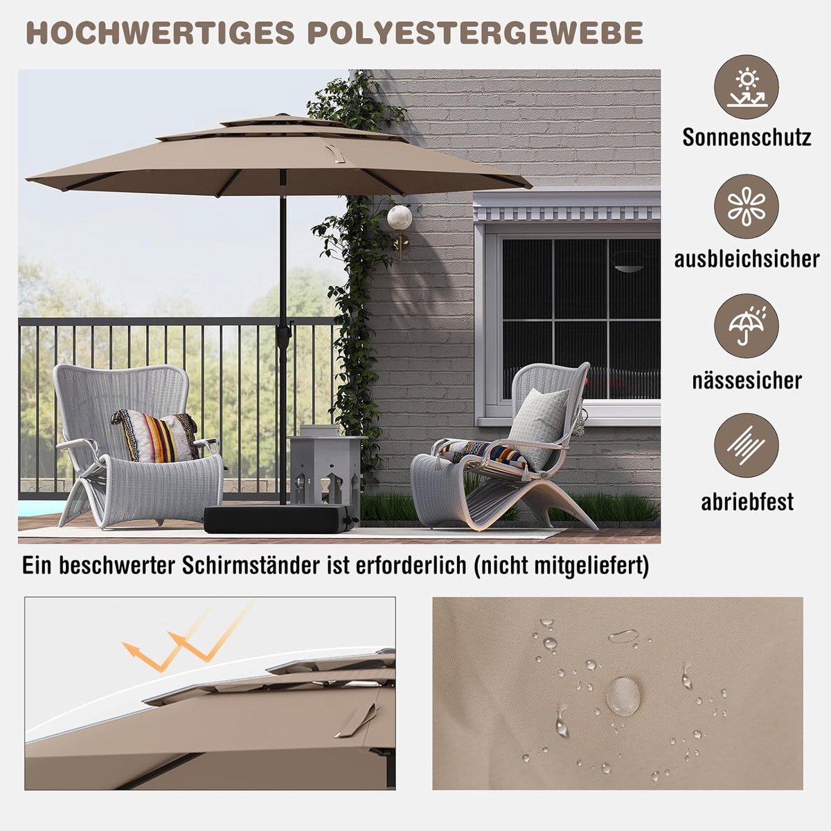 Tuinparasol Dubbel Bellavero 292x150 cm – LED Verlichting op Zonne-energie, Kantelbaar met Handslinger, Waterafstotend Polyester, Stalen Frame – Balkon, Terras & Tuin – Bellavero