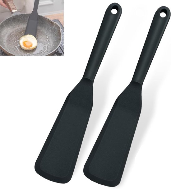 Lot de 2 spatules en silicone à long manche (25,4 cm) résistantes à la chaleur, Mini spatule de cuisine antiadhésive, spatule à omelette noire et grattoir à pâte pour poisson, crêpes, œufs, Pizza et steaks.
