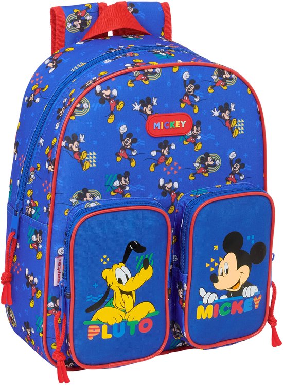 Vooraanzicht van een blauwe peuterrugzak met Mickey Mouse en Pluto print. De rugzak heeft een hoofdvak met rits, een voorvak en twee zijvakken met rits.