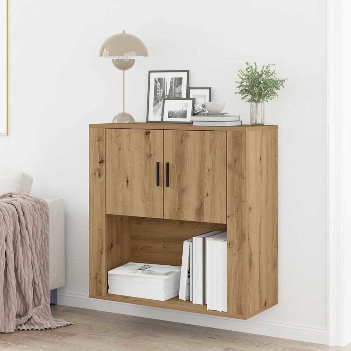 Wandkast Hout - Opbergkast Keuken - Ruimte Organiseren - Rustieke Uitstraling - 80 x 80 cm - Eiken