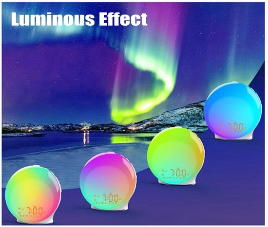 Zonsopgang Wekker - Slaaphulp Licht - Natuurlijk Wakker Worden - 7 Kleuren Sfeerlicht - 16.5 cm - Meerdere Kleuren — afbeelding 5