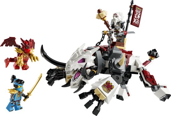 LEGO NINJAGO speelgoed: een draakachtig beest met witte en rode details, een kleine rode draak en een blauwe ninja met zwaard.