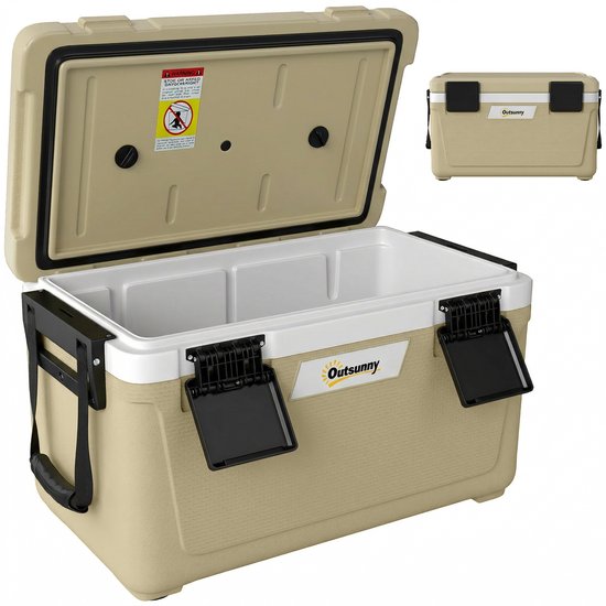 Open beige koelbox met witte rand, zwarte handvatten en zwarte sluitingen. Outsunny logo op de voorkant.