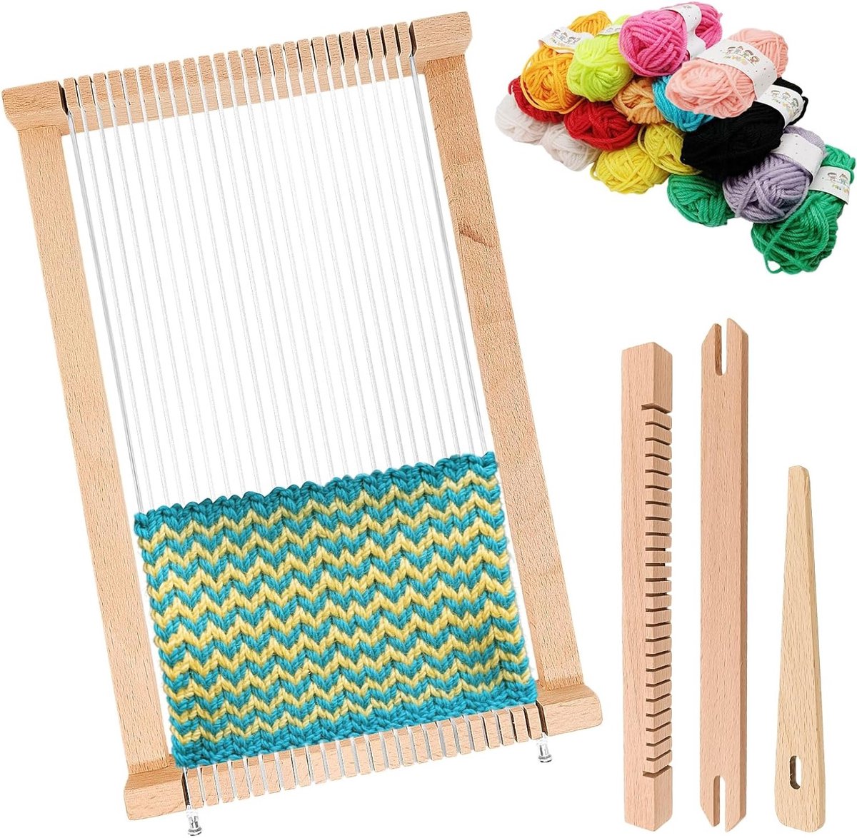 Houten Weefraam voor Kinderen, Compact en Klein, Inclusief Shuttle en Wol - Afmetingen 29 x 19 cm, Ideaal voor Beginners en Creatieve Activiteiten