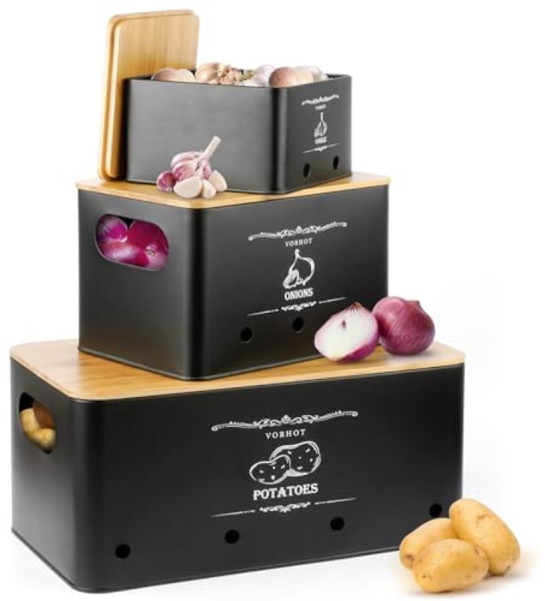 Aardappelopbergdoos Set van 3 – Bamboe deksel, zwart – Uien, Aardappelen & Knoflook Bewaardoos