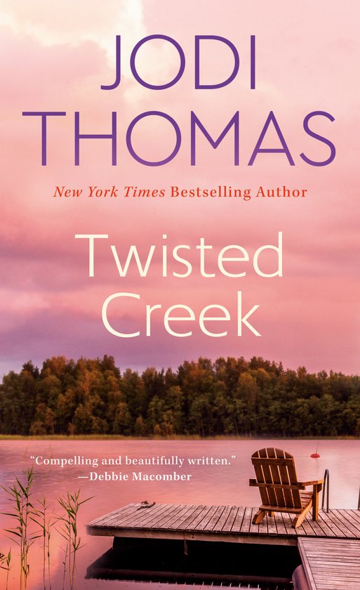 Couverture du livre avec ciel rose et violet, un quai en bois avec une chaise et le titre Twisted Creek de Jodi Thomas.