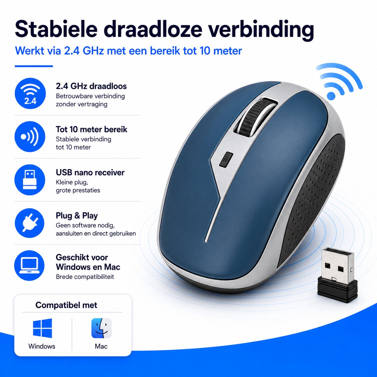Draadloze Muis 2.4 GHz – Ergonomische USB Muis met Nano Receiver – 1000-1200-1600 DPI – Voor Laptop, PC, Windows en Mac – BlauwZilver thumbnail 3