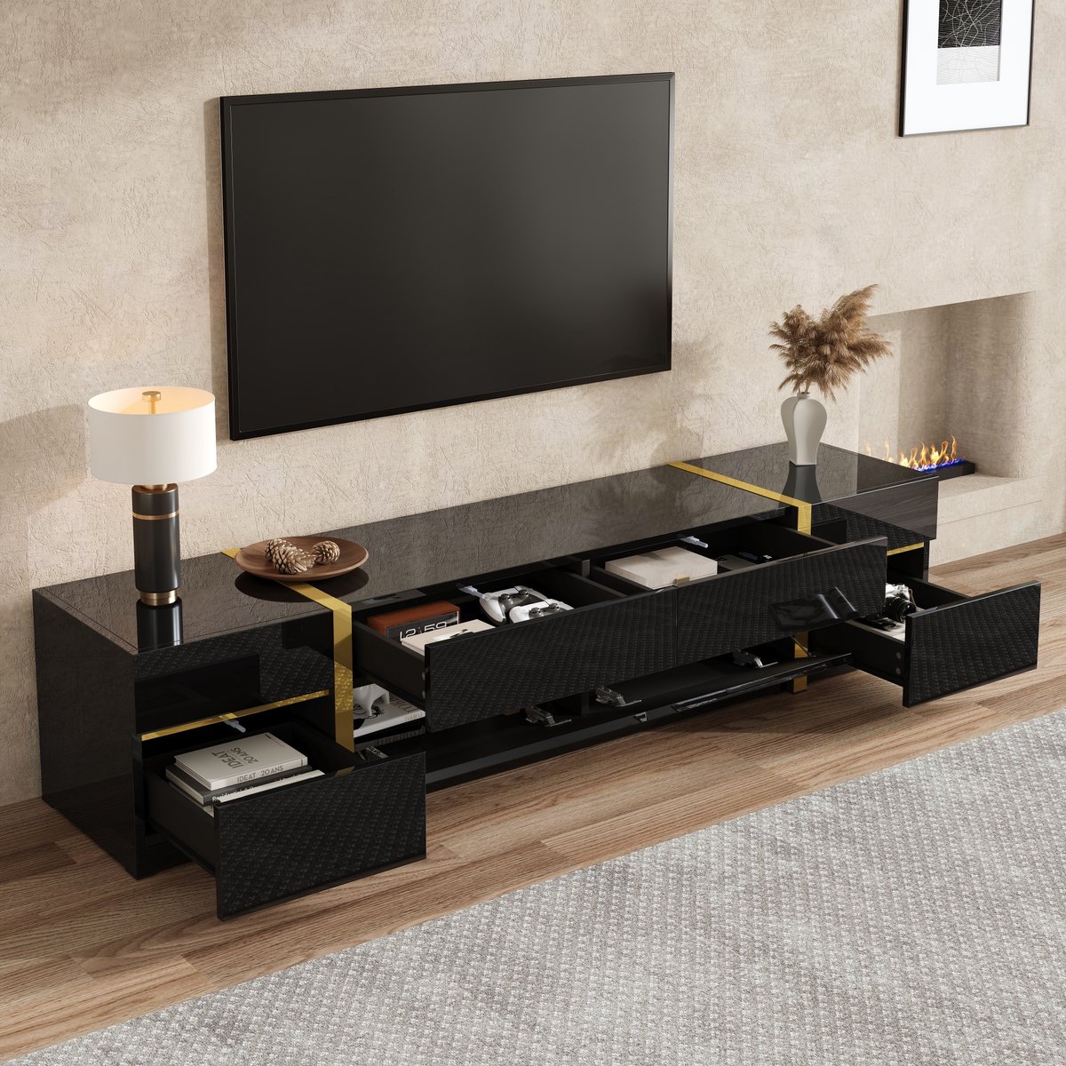 Merax Luxe tv-meubel - tv-kast - hoogglans oppervlak - gouden randen - met lades en deuren - moderne stijl - veel opbergruimte - zwart