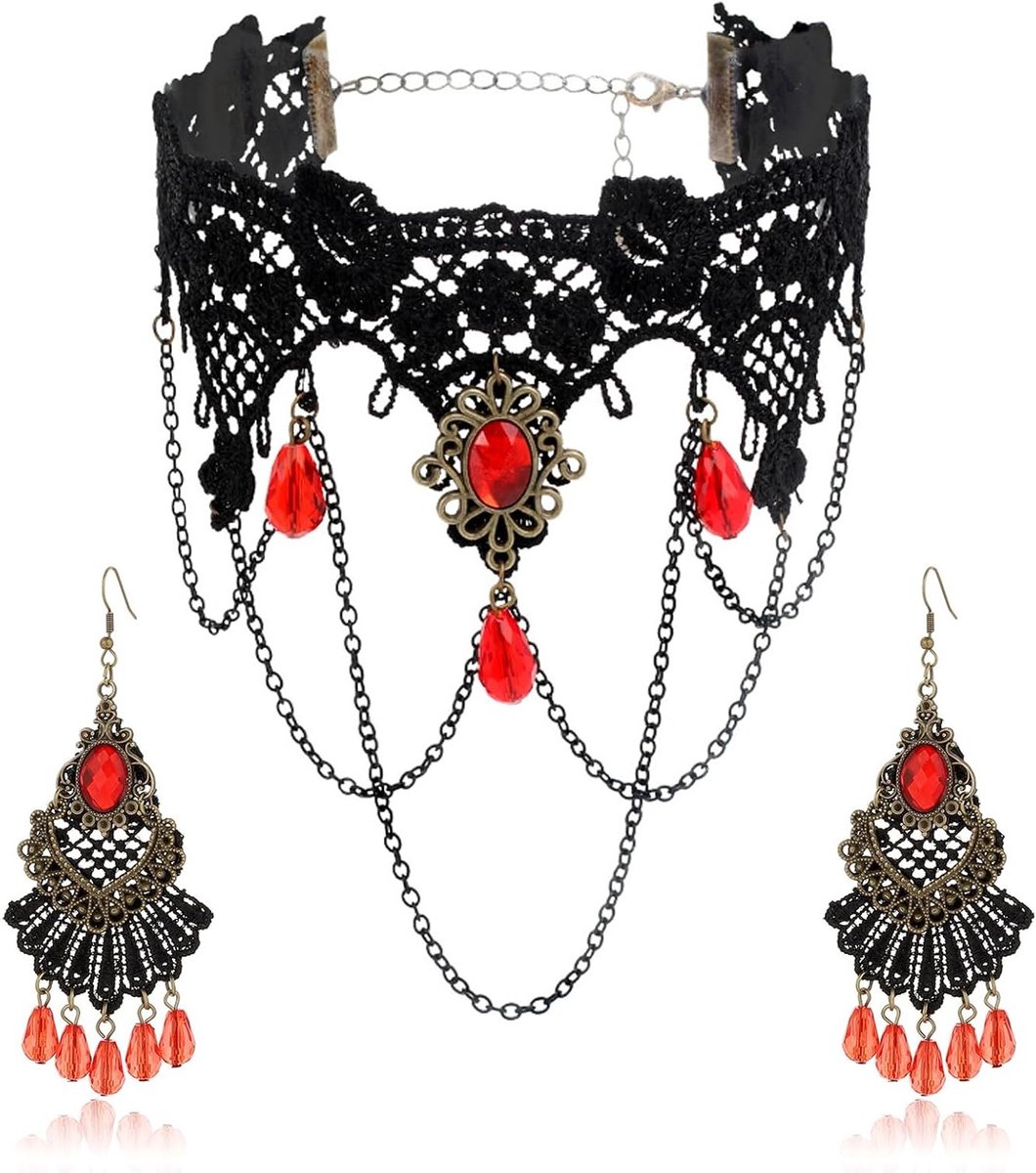 Gothic choker met oorbellen, vintage ketting met zwarte en rode kristallen, accessoires voor Halloween en vampier kostuums