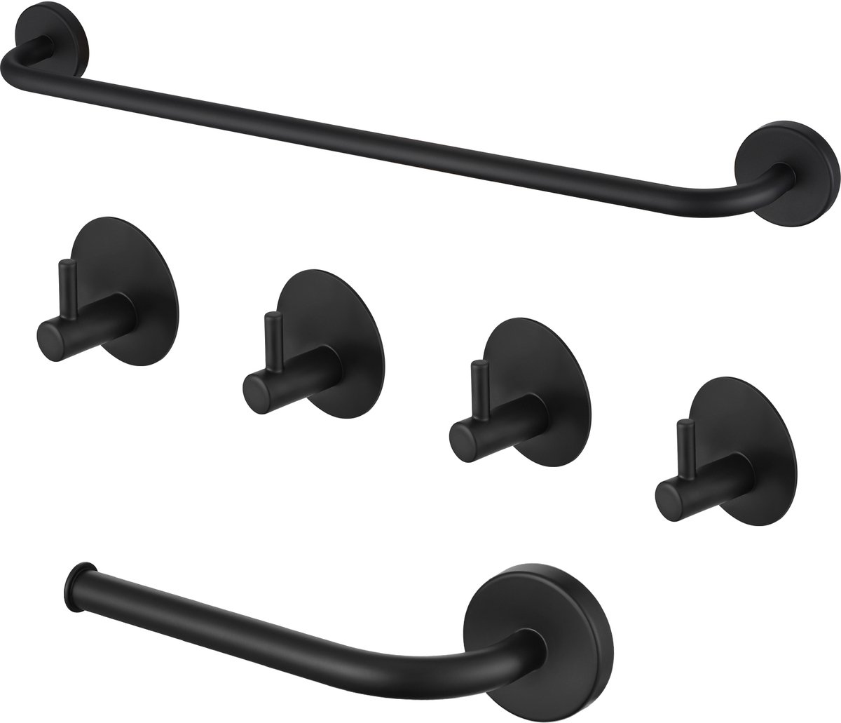 Auramlum Max Handdoekhouder set - Handdoekhaakjes - Zonder boren - Toiletrolhouder - RVS - Set van 6 - Badkamer aanwezig - Zwart