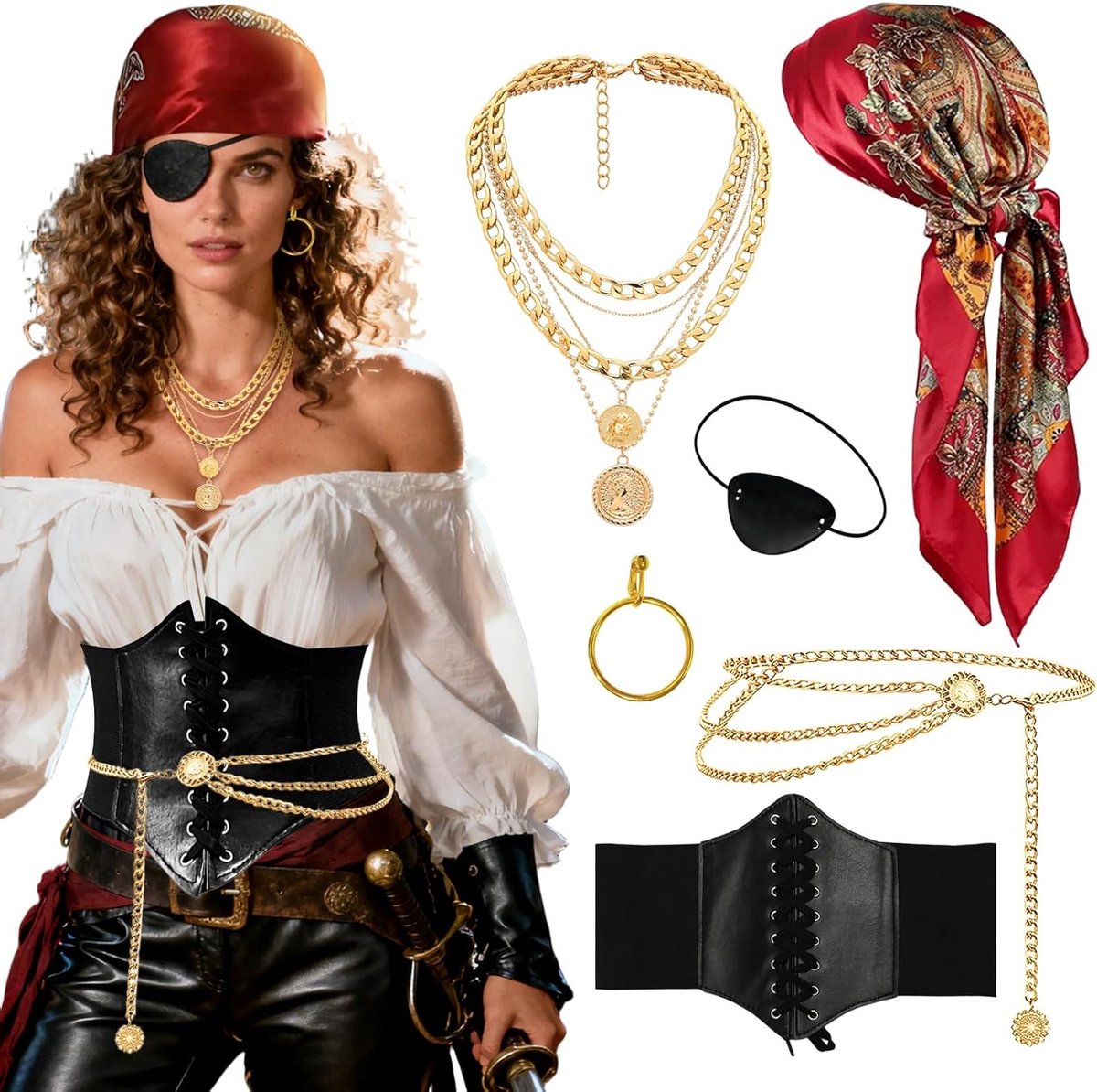 Zesdelige Piratenkostuum Accessoires voor Vrouwen, inclusief Bandana, Oorbellen, Corset, Tailleketting en Ooglapje voor Carnaval en Halloween Feesten