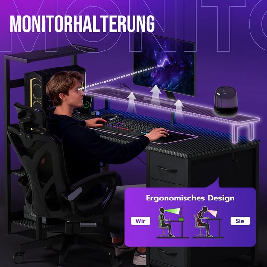 Gamen Bureau - Computer Tafel - Comfortabel Spelen - Geïntegreerde Stroomvoorziening - 130x50 cm - Zwart — afbeelding 2