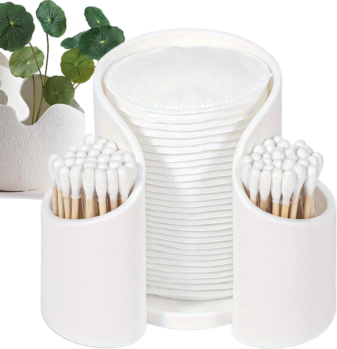 Wattenstaafjeshouder Wattenschijfdispenser - Badkamer Organizer - Hygiënisch Werken - Multifunctionele Opslag - 12x11x9.6 cm - Wit
