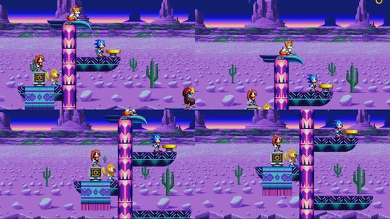Sonic, Tails en Knuckles staan op platforms in een paarse woestijn met cactussen.