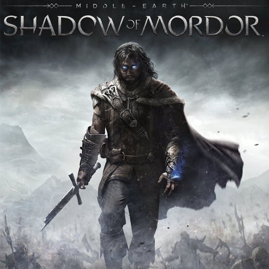 Illustration de couverture du jeu vidéo "Middle-earth: Shadow of Mordor" avec un homme en armure tenant une épée et une cape.