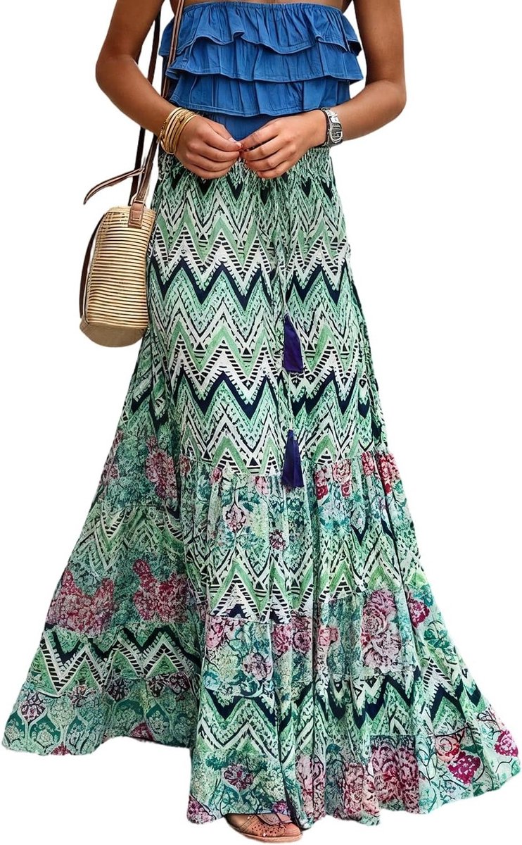 Zomer maxi rok voor dames, boho A-lijn, hoge taille, elastisch, gedrukt, strandrok, casual en chic ontwerp