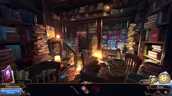 Een rommelige bibliotheek met stapels boeken, tafels, stoelen en lampen.
