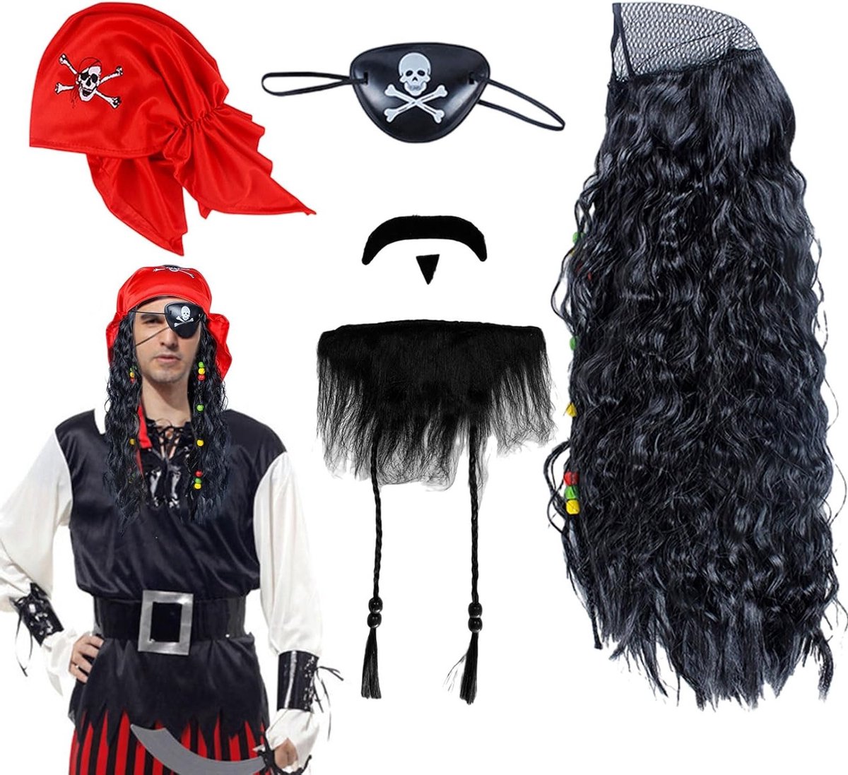 Piratenkostuum Set voor Volwassenen en Kinderen met Hoed, Baard en Ooglapje voor Halloween en Carnaval
