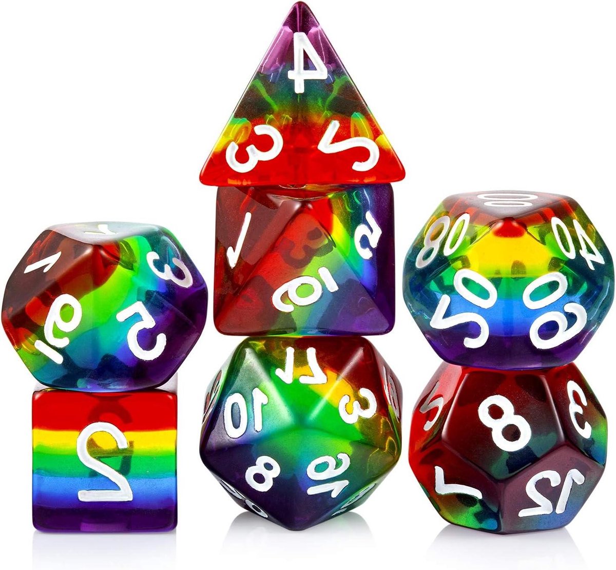 Dobbelstenen Set - RPG Dobbelstenen - Spelavonden - Transparant Regenboog Design - 7 Stuks - Regenboog