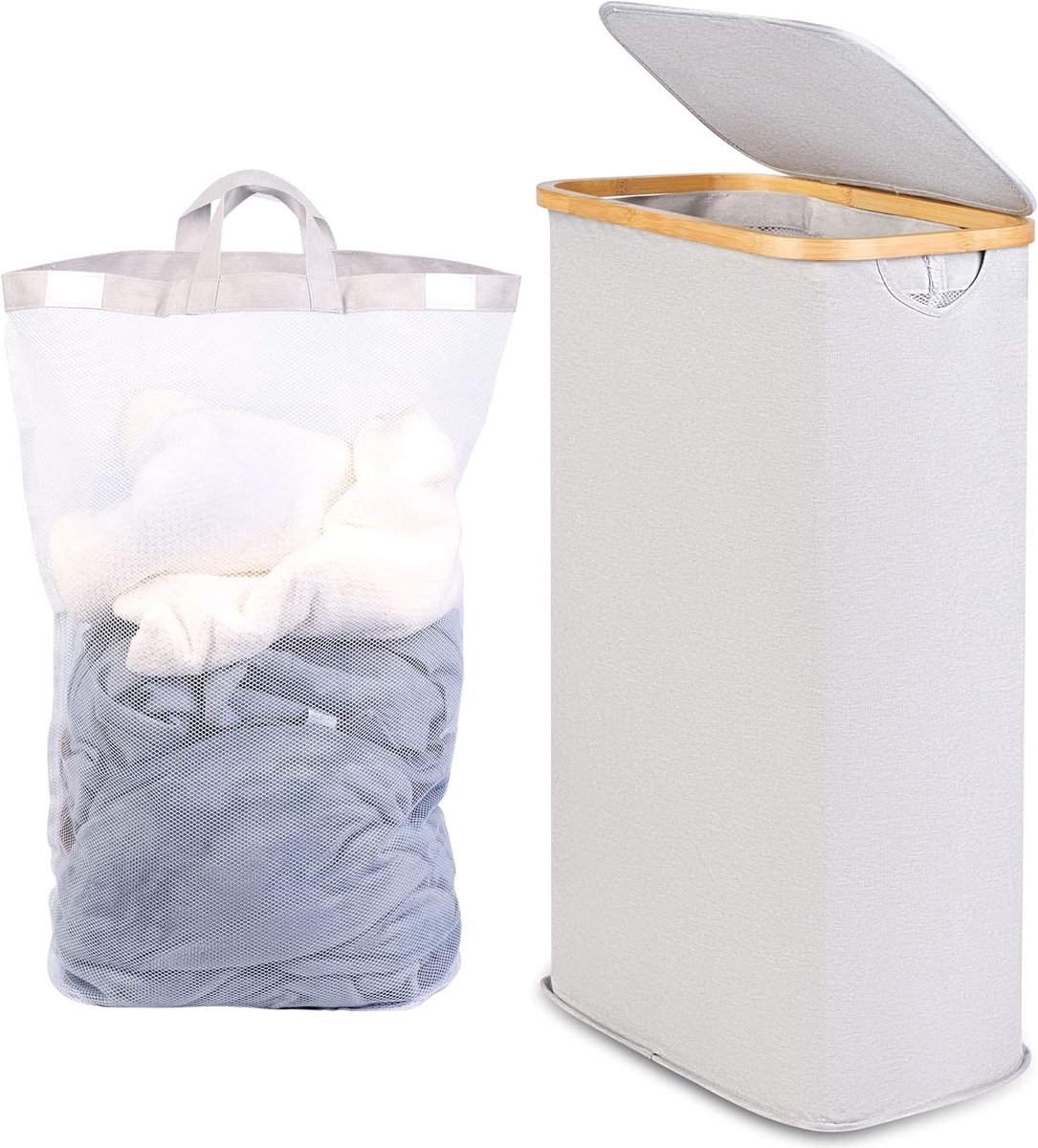 Wasmand met deksel 63L - Compacte lichtgrijze wasmand voor kleding en wasgoed