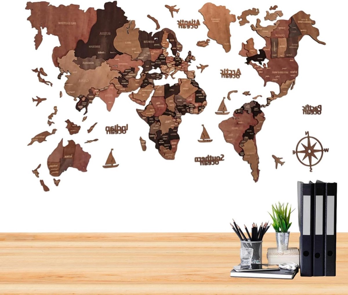 Kinderposter Wereldkaart - 3D Houten Kaart - Decoratie Kamer - Duurzaam Hout - 100 x 60 cm - Meerkleurig