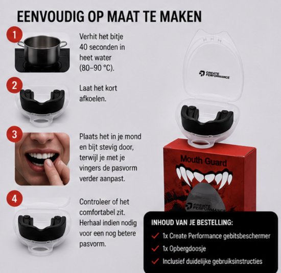 Stappenplan voor het op maat maken van de gebitsbeschermer met afbeeldingen en tekst.