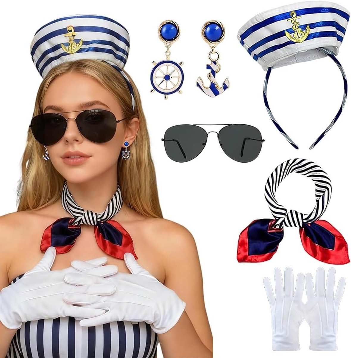 Vrouwelijk Nautisch Kostuum Set met 5 Onderdelen, Zeeman Hoed voor Feest, Halloween en Cosplay