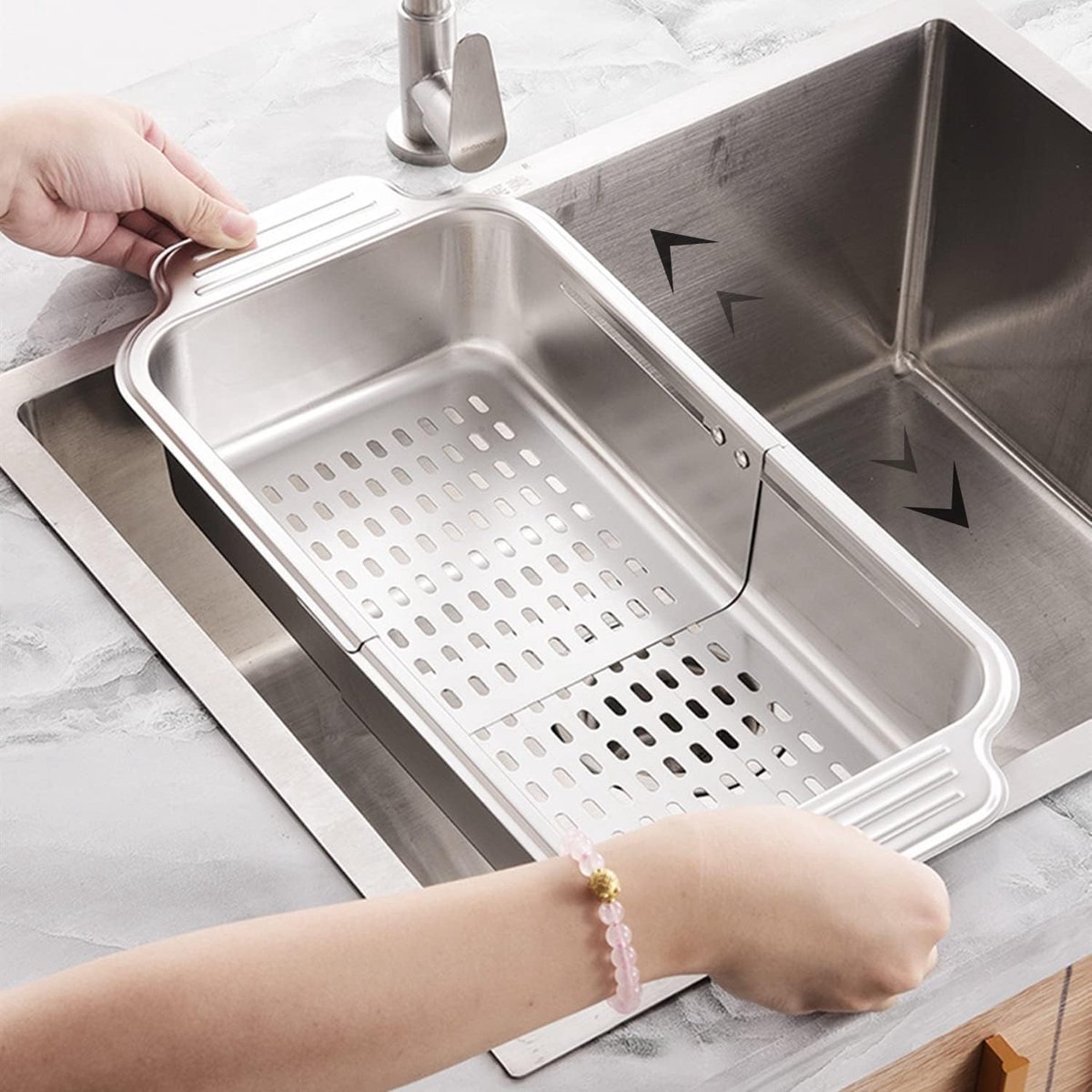 carmdering - Uitbreidbaar Spoelbak Zeefmand - Verstelbare Afdruprek - Rvs Keukenzeef - Groot model (20×8 cm), uitschuifbaar 33,5-43,2 cm - Efficiënte waterafvoer - Roestvrij Staal 304 - Ruimtebesparend - 1 stuk