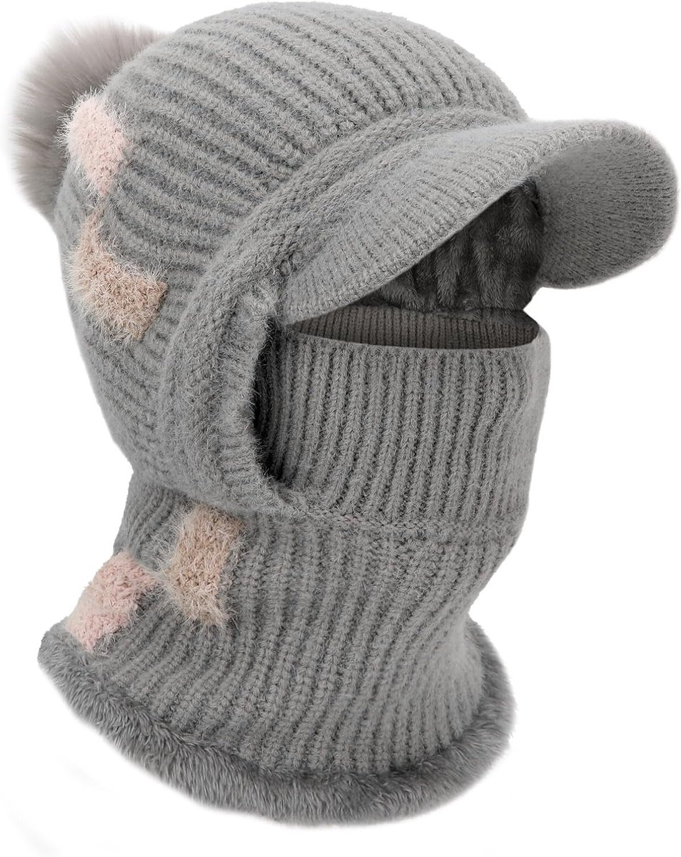 Balaclava Volledige Gezichtsbedekking voor Dames, Winter Thermisch Gebreid Snood Hoed met Haarbal, Winddicht en Sneeuwbestendig, Ideaal voor Buitenactiviteiten en Skiën