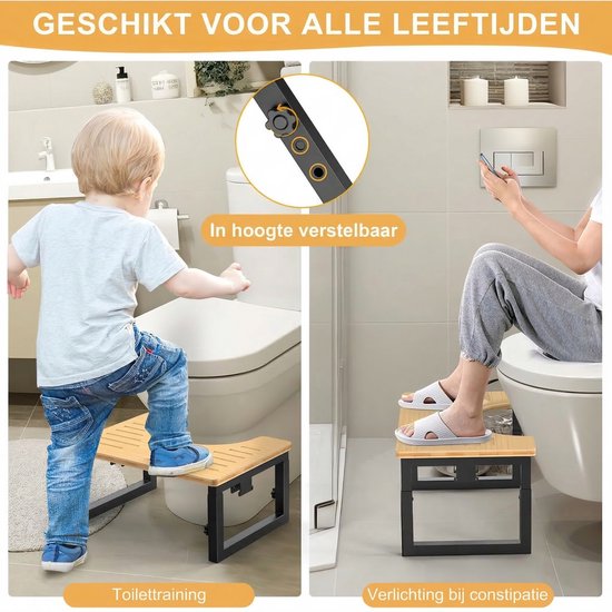 Kind en volwassene gebruiken het bamboe toiletkrukje bij de wc. Inzet toont hoogteverstelling. Tekst: Geschikt voor alle leeftijden.