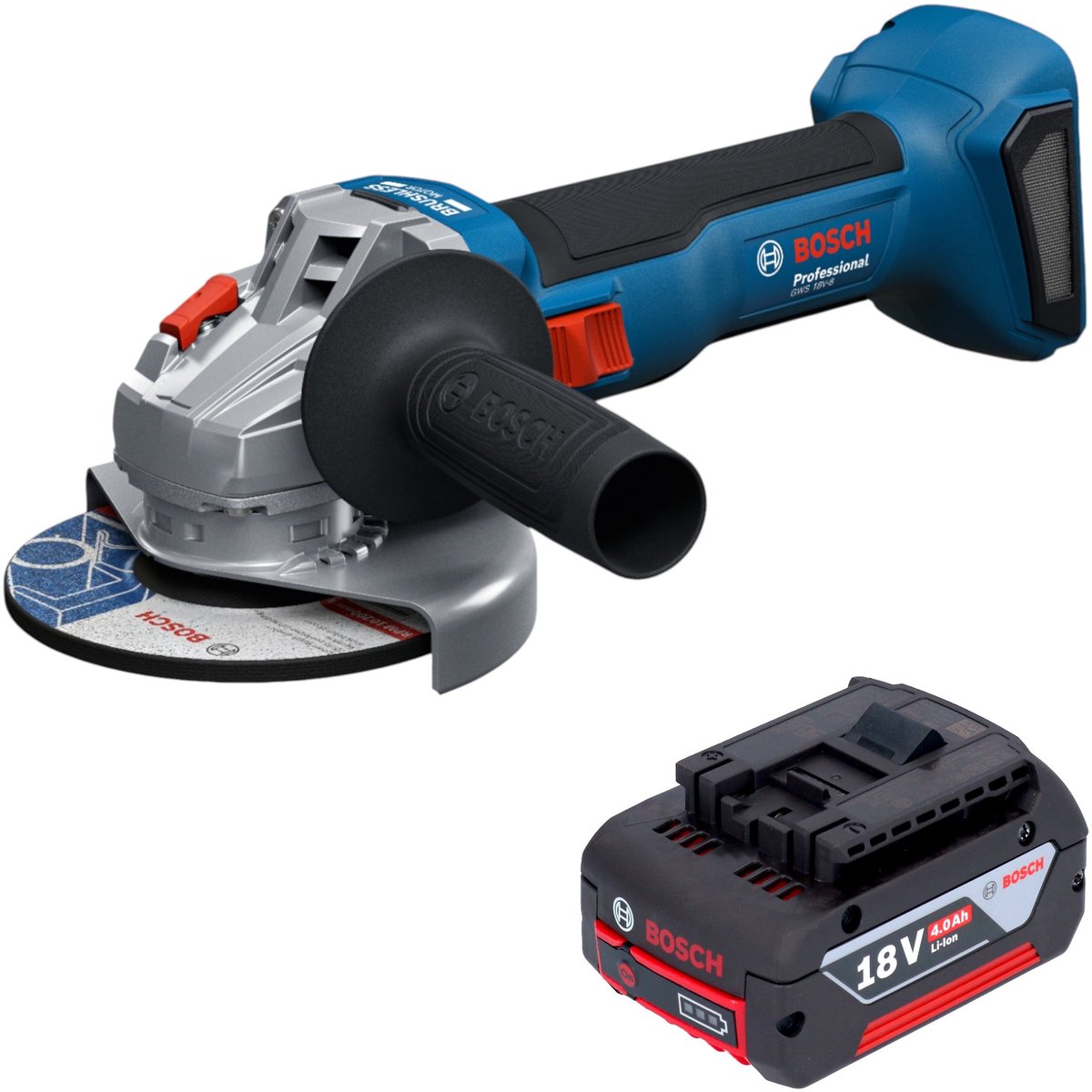 Bosch GWS 18V-8 Professional accu-haakse slijper 18 V 125 mm borstelloos + 1x accu 4,0 Ah - zonder oplader