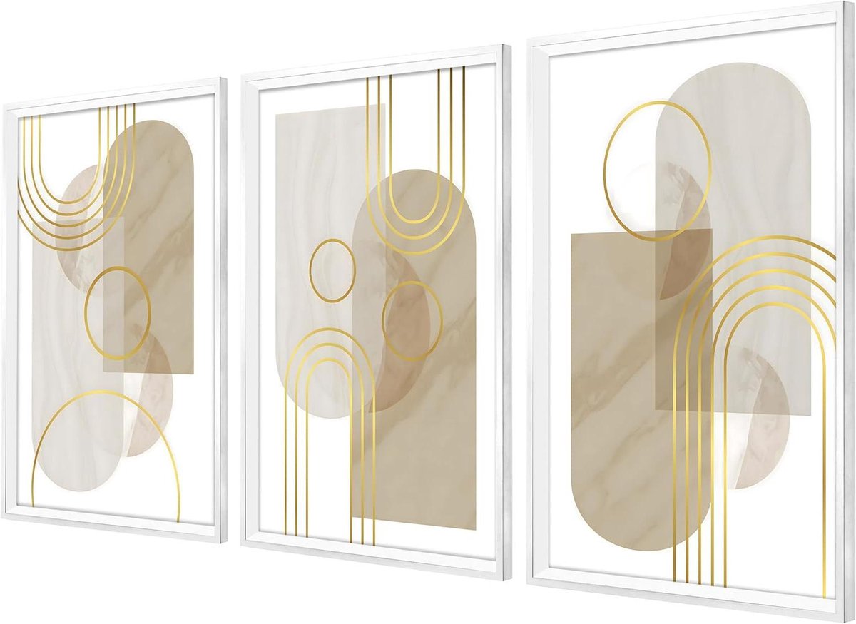 Wanddecoratie Set - Abstracte Schilderijen - Woonkamer Aankleden - Acrylgel Textuur - 3x 50x70 cm - Goud