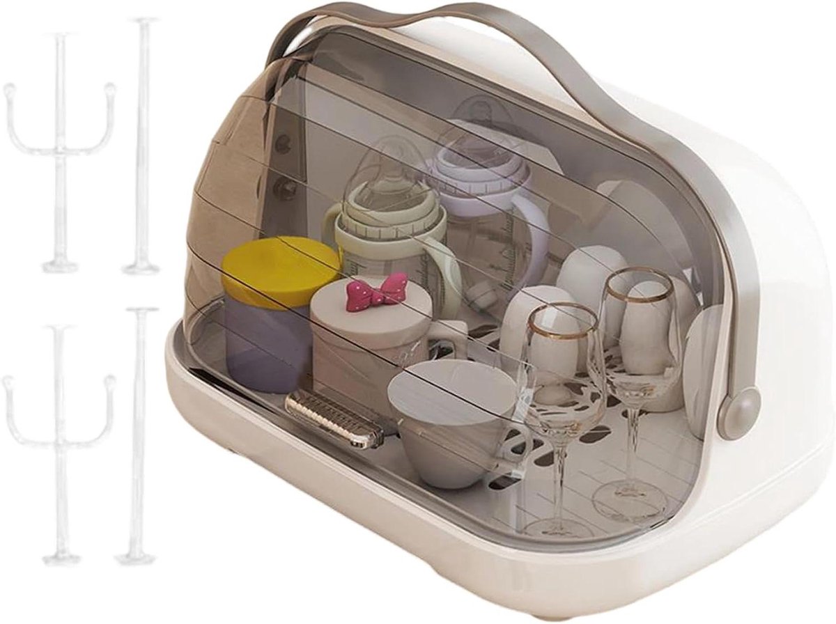 Flessendroogrek met Deksel - Babyfles Houder - Hygiënisch Drogen - Stofvrije Opbergruimte - 27.5 cm Hoog - Romig