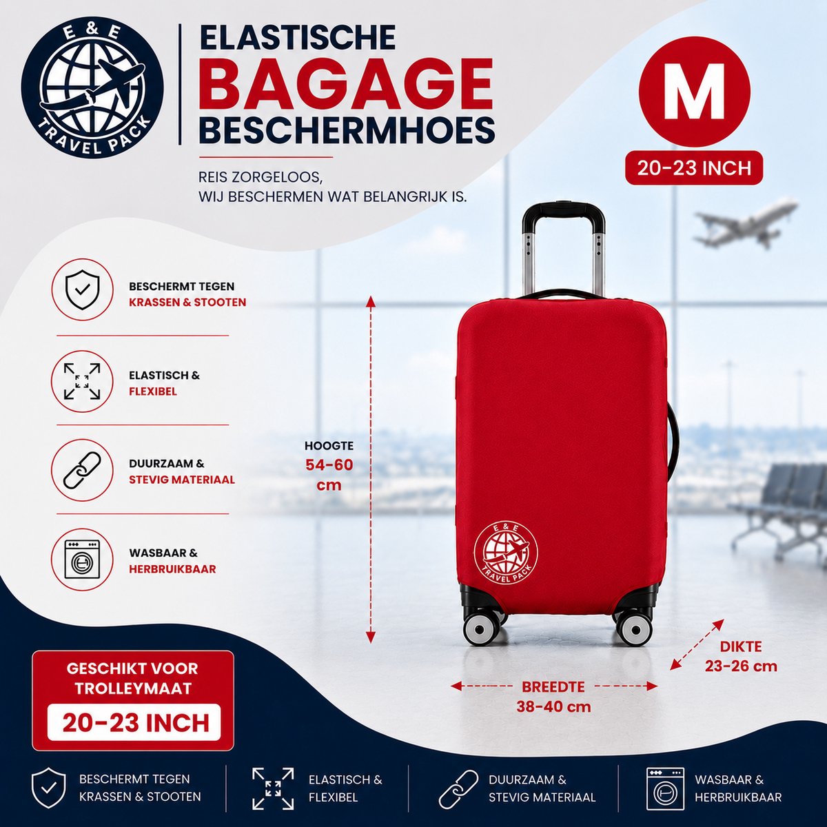 Wasbare Elastische Kofferhoes Bagage Beschermhoes Maat M-24 inch- E&E Travel Pack-Reiskofferhoes, Trolley Protector Cover Kofferhoes, bagagehoes, bagagehoes, vakantie, reizen beschermhoes, koffer (24 inch), vliegtuig Travel ROOD/BLAUW/ZWART